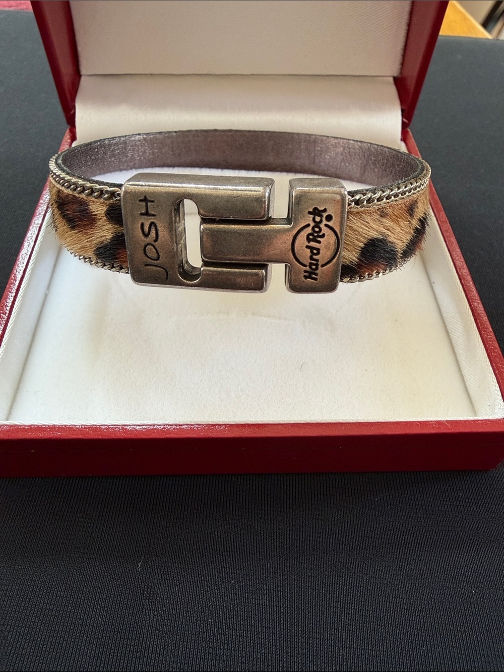 Hard Rock Cafe Leopard Print Haircalf Bracelet with Engraved Metal Clasp!